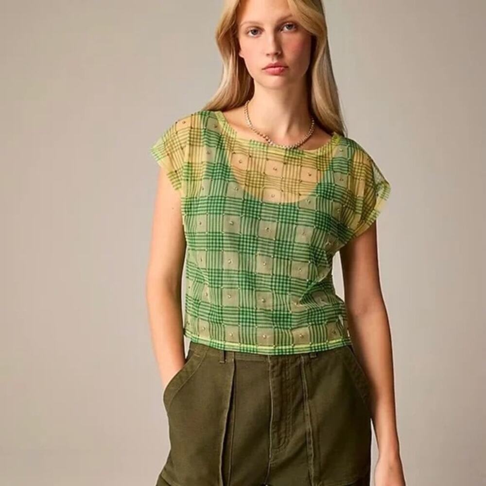 J.CREW Sheer embellished T-shirt in plaid L